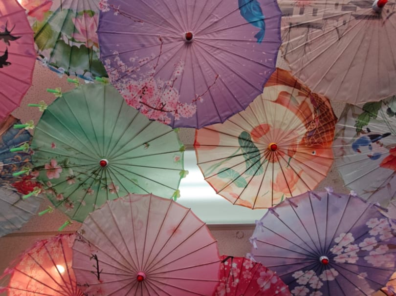 Colorful paper umbrellas with floral and bird designs hang from a ceiling, creating a vibrant display.